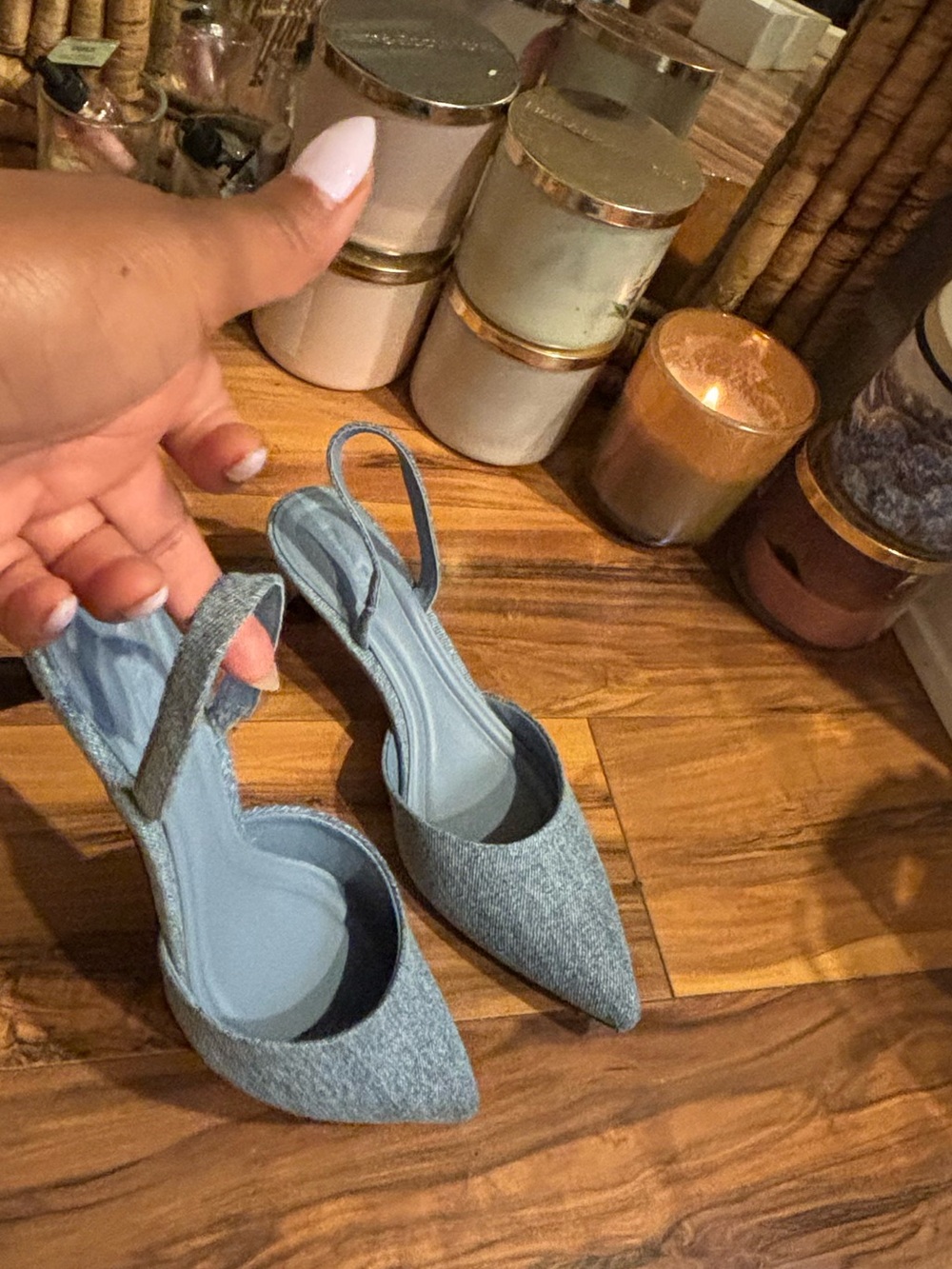 Pointed Slingback Heels in Light Blue Denim